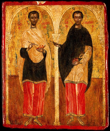 Saint Cosmas and Saint Damian. Tempera painting.