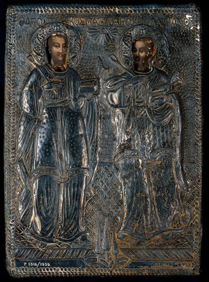 view Saint Cosmas and Saint Damian. Tempera painting with metal cover (oklad).