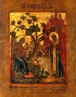 The Virgin of Tikhvin telling the sexton Yurosh to put a wooden cross, not an iron one, on the roof of the church. Tempera painting.