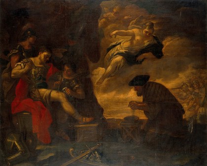 The surgeon cannot extract an arrow from the thigh of Aeneas; Venus brings a medicinal herb to accomplish what the surgeon cannot. Oil painting after Virgil.