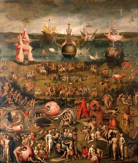 The 'Garden of earthly delights'. Oil painting after Hieronymus Bosch.