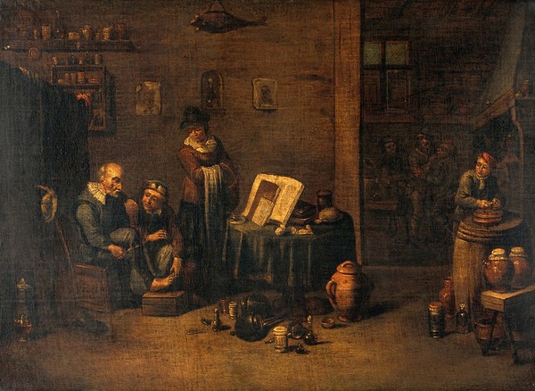 A surgeon operating on the foot. Oil painting after David Teniers the younger.