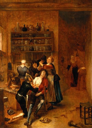 Interior with a surgeon attending to a chest wound. Oil painting by Gerrit Lundens.
