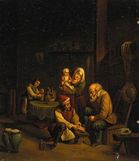 Interior with a surgeon attending to a man's foot, and three other figures. Oil painting by a German (?) follower of David Teniers the younger.
