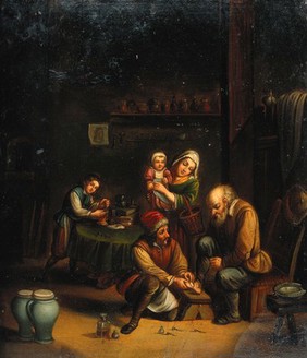 Interior with a surgeon attending to a man's foot, and three other figures. Oil painting by a German (?) follower of David Teniers the younger.