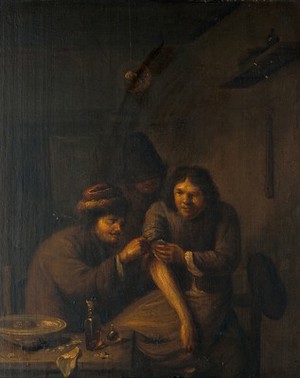 view A surgeon attending to a man's arm. Oil painting after Adriaen Brouwer.