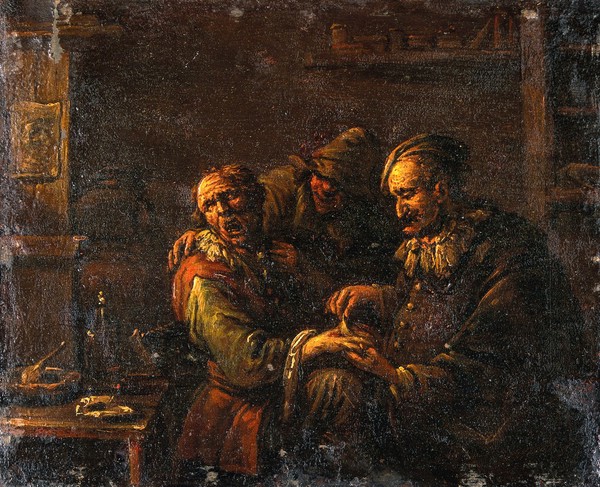 A surgeon removing a plaster from the back of a man's hand. Oil painting after (?) Egbert van Heemskerck.