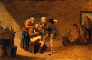 view A surgeon attending to a man's head. Oil painting by Pieter Jansz Quast.