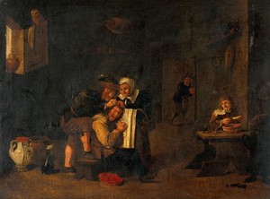 view A surgical operation on a man's head. Oil painting by a follower of David Teniers the younger.