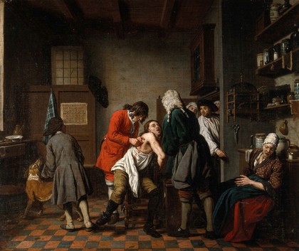 Interior with a surgeon and his apprentice attending to a patient. Oil painting by Jan Josef Horemans, 1722.