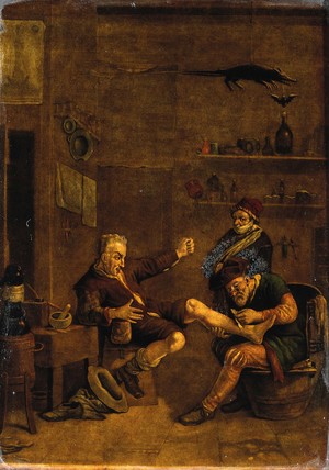 view A surgeon treating a man's foot. Mezzotint after a composition ascribed to Johannes Lingelbach.