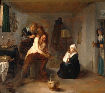 Interior with a surgeon operating on a man's back. Oil painting by Gerrit Lundens.