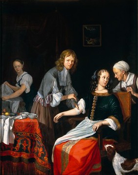 A surgeon binding up a woman's arm after bloodletting. Oil painting by Jacob Toorenvliet, 1666.