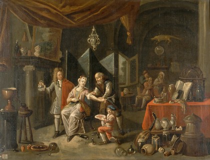 A surgeon letting blood from a woman's arm, and a physician examining a urine-flask. Oil painting by a Flemish painter, 18th (?) century.