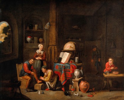 A surgeon treating an injury to a man's foot. Oil painting by a follower of David Teniers the younger.