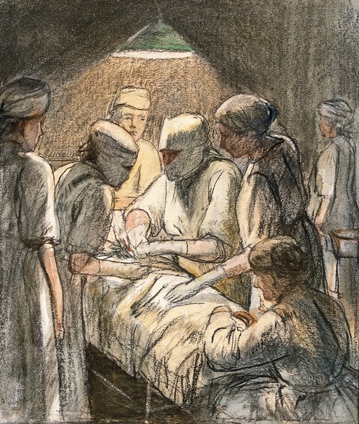 An operation for appendicitis at the Military Hospital, Endell Street, London. Chalk drawing by Francis Dodd, 1917.