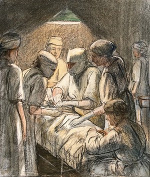 view An operation for appendicitis at the Military Hospital, Endell Street, London. Chalk drawing by Francis Dodd, 1920.