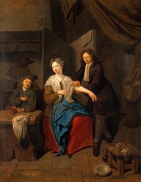 A surgeon preparing to let blood by cupping, his apprentice warming the cupping glass. Oil painting attributed to Jan Baptist Lambrechts.