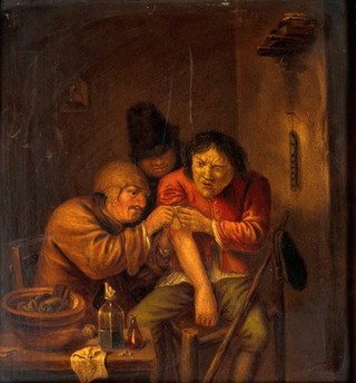 A surgeon attending to a man's arm. Oil painting after Adriaen Brouwer.