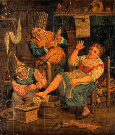 A woman surgeon and her assistant cupping a patient. Oil painting after Cornelis Dusart.