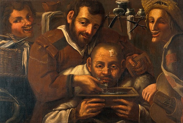 A barber-surgeon attending to a man's forehead. Oil painting.