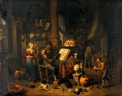 A physician sitting before a table, holding a urine flask, with two women, a boy and several other figures in the room. Oil painting by Gerard Thomas.