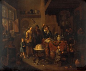 view A man examining a urine flask. Oil painting after B. van den Bossche.