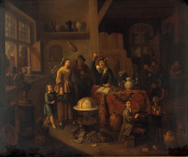 A man examining a urine flask. Oil painting after B. van den Bossche.