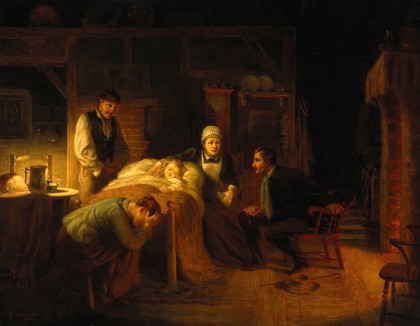 "Anxious moments": a sick child, its grieving parents, a nursemaid and a medical practitioner. Oil painting attributed to John Whitehead Walton, 1894.