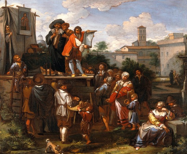 Itinerant medicine vendors in Rome. Oil painting attributed to Dirk Helmbreker.