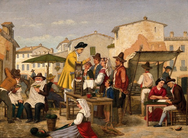 Street traders in a market square. Oil painting by G.S. (?).