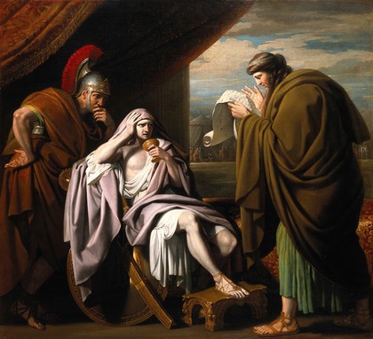 Alexander the Great demonstrating his trust in his physician Philip of Acarnania by drinking a medicinal draught prepared by him despite allegations that it was a poison. Oil painting by Benjamin West, ca. 1771.