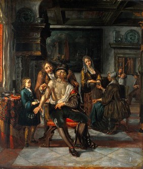 Interior of a surgery with a surgeon treating a wound in the arm of a man, with a boy and five other figures. Oil painting by Matthijs Naiveu.