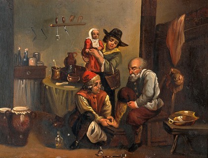 Interior of a surgery with a surgeon attending to a man's foot, and a woman and child looking on. Oil painting by a German (?) follower of David Teniers the younger.