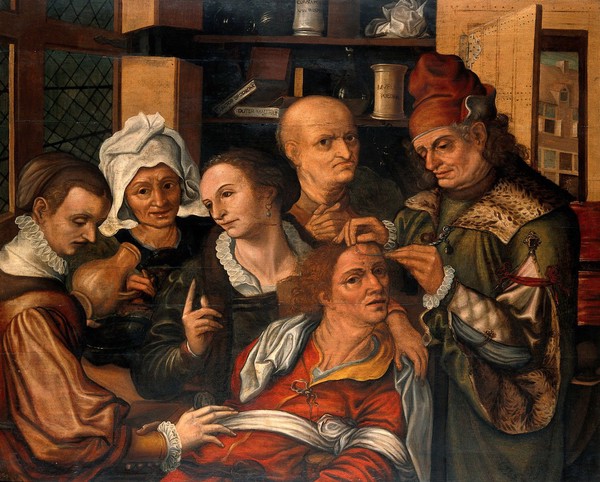 A surgeon extracting the stone of folly. Oil painting by Pieter Huys, ca. 1561.