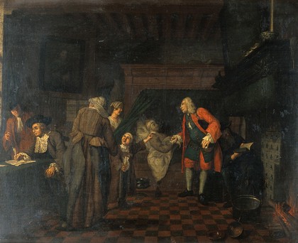 Interior with a medical practitioner attending to a sick man in the presence of other figures. Oil painting by Jan Josef Horemans I, 1751.