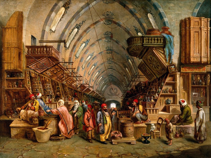 A bazaar (the Egyptian bazaar, Constantinople?). Oil painting attributed to John Varley II., by John Varley