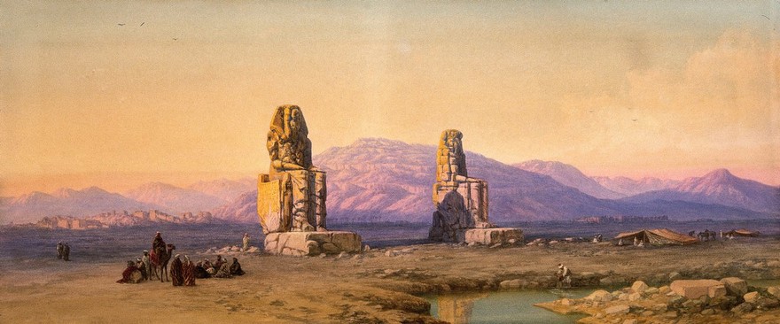 The statues of Memnon (Pharaoh Amenhotep III). Watercolour by Charles Vacher, 1864.
