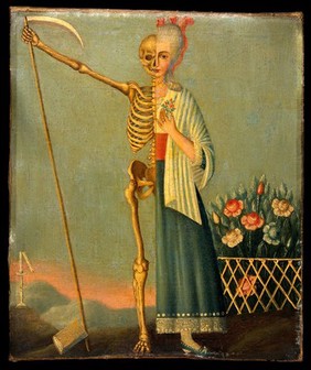 A woman divided into two, representing life and death. Oil painting.