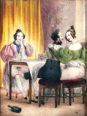 view While dining with two women, a man pleasures one of them with his foot. Coloured lithograph, ca. 1830.