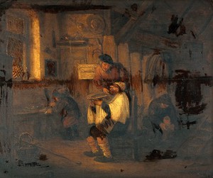 view A barber shaving a man. Oil painting after A. van Ostade.