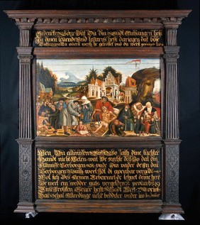 Works of mercy with Dives and Lazarus. Oil painting by a Flemish painter, ca. 1550.