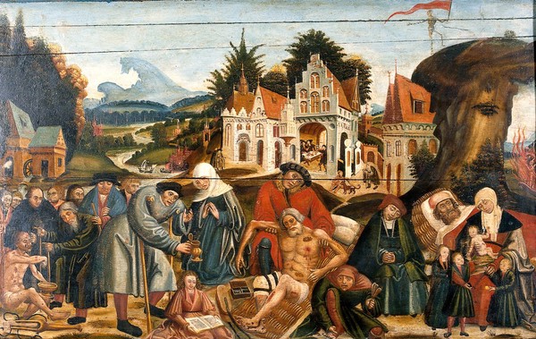 Works of mercy with Dives and Lazarus. Oil painting by a Flemish painter, ca. 1550.