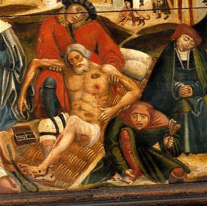 Works of mercy with Dives and Lazarus. Oil painting by a Flemish painter, ca. 1550.