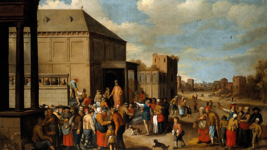 The halt and the blind being summoned to the great supper. Oil painting by Joost Cornelisz. Droochsloot.