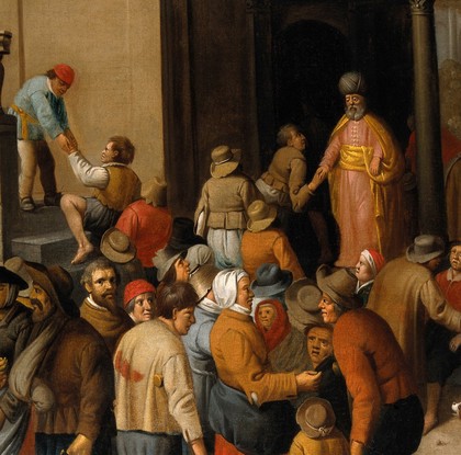 The halt and the blind being summoned to the great supper. Oil painting by Joost Cornelisz. Droochsloot.