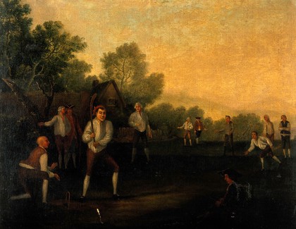 The game of cricket. Oil painting.