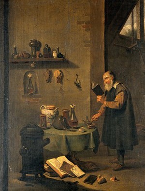 view An alchemist in his laboratory. Oil painting after David Teniers the younger.