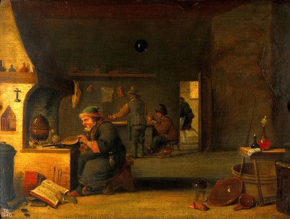 An alchemist in his laboratory. Oil painting by a follower of David Teniers the younger.