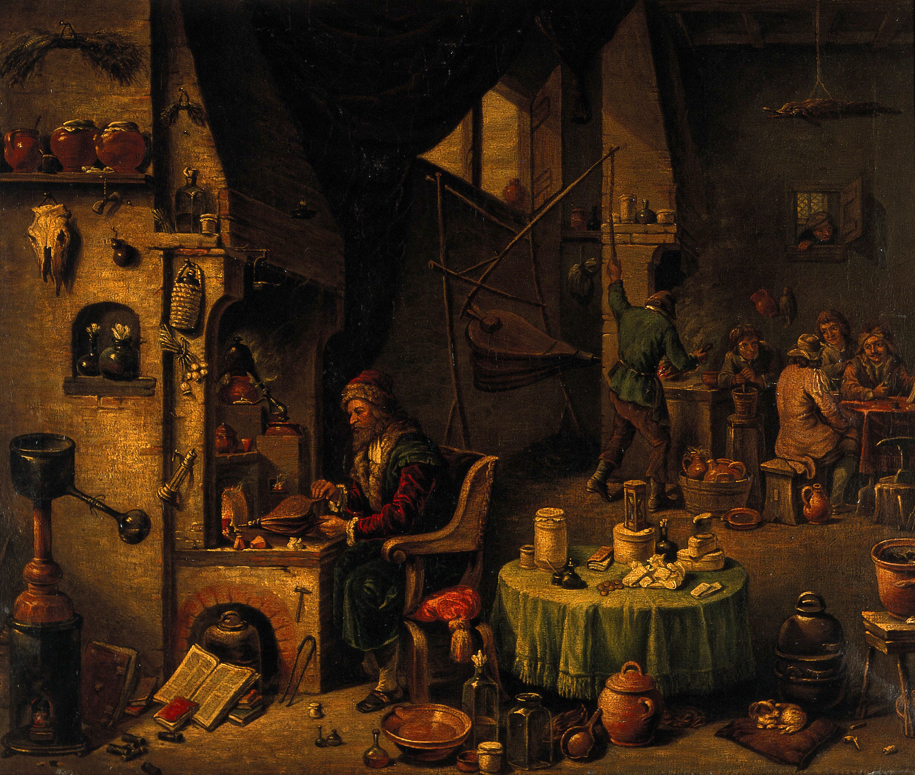 An alchemist in his laboratory. Oil painting by a follower of David ...